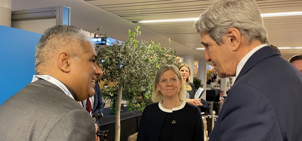 PM Andersson, US Special Envoy John Kerry w Minister Bhupender Yadav June 2022 Stockholm